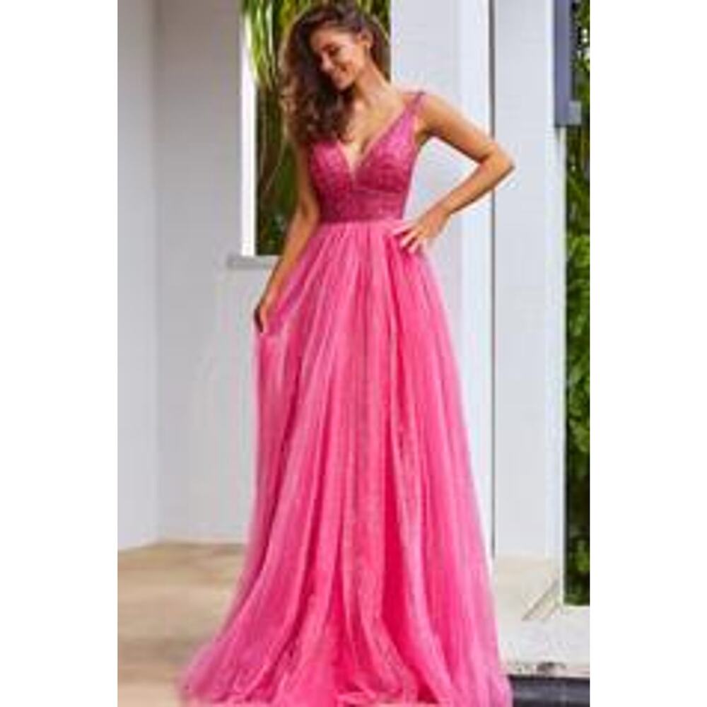 Pink Glitter Beaded Vneck Pleated Aline Ballgown maxi by JVN